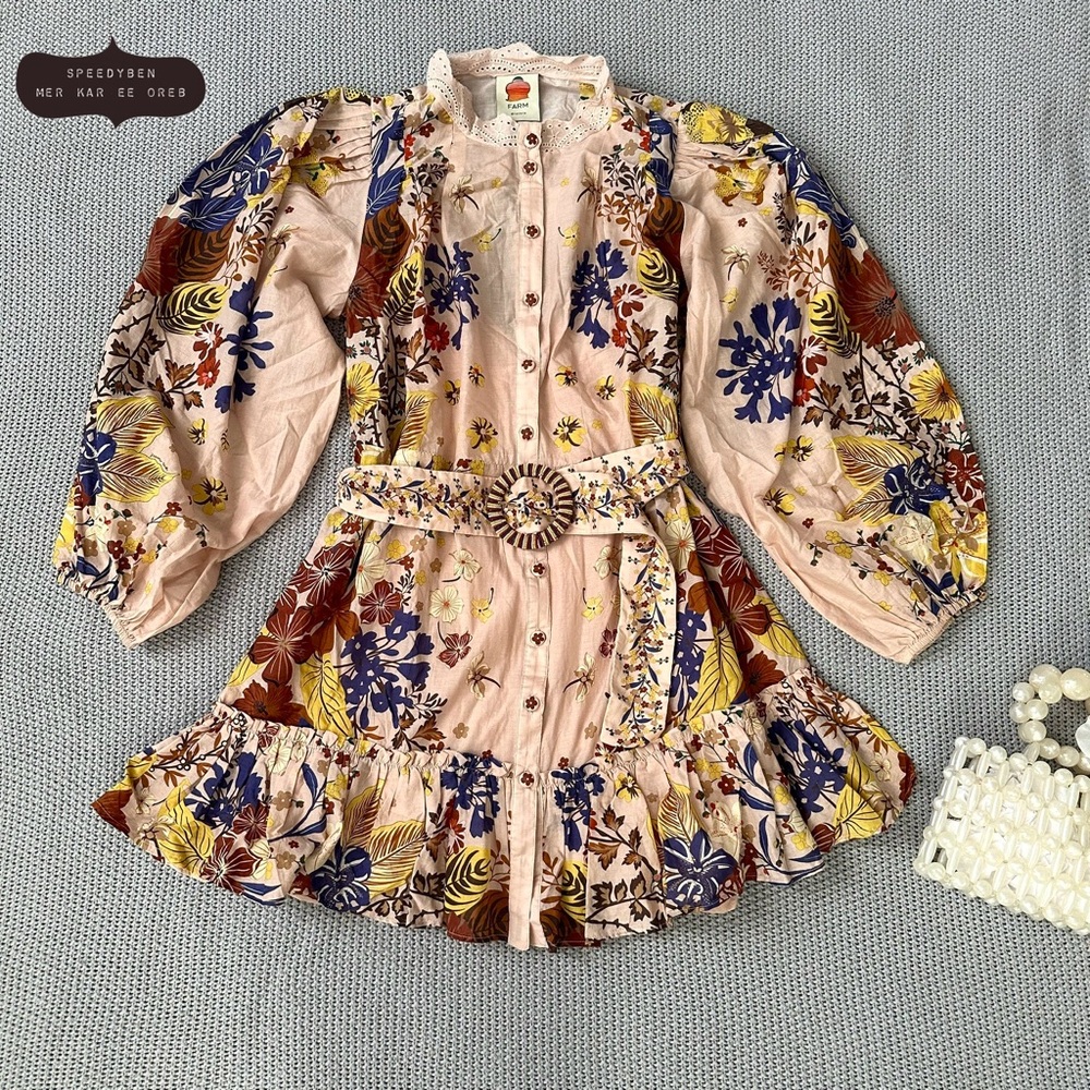 NWT FARM RIO Pink Beauty Bouquet Puff Sleeve Mini Dress size Medium